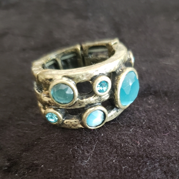 Muted gold stretchy ring with turquoise accents - Picture 1 of 3